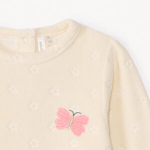 Pyjama in fluweel met verbrand bloemmotief en konijnpatroon voor babymeisje, met verschillende drukknopopeningen naargelang de leeftijd 