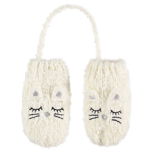 Zachte, ecru wanten van tricot met reliëforen en geborduurde details 