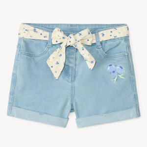 Denim short met fruitborduursel + strikceintuur voor babymeisjes 