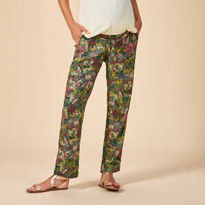 Pantalon large et fluide avec ceinture à nouer imprimé feuillage pour femme 