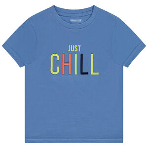 T-shirt met korte mouwen in effen kleur met print en geborduurde tekst voor jongen 