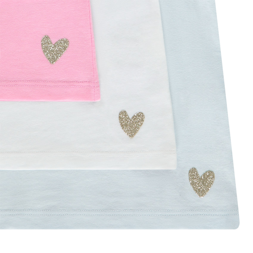 Set van 3 effen t-shirts met korte mouwen voor babymeisje, jersey, glitterhartprint linkeronderhoek, ronde hals met lichte plooitjes, effen rug 