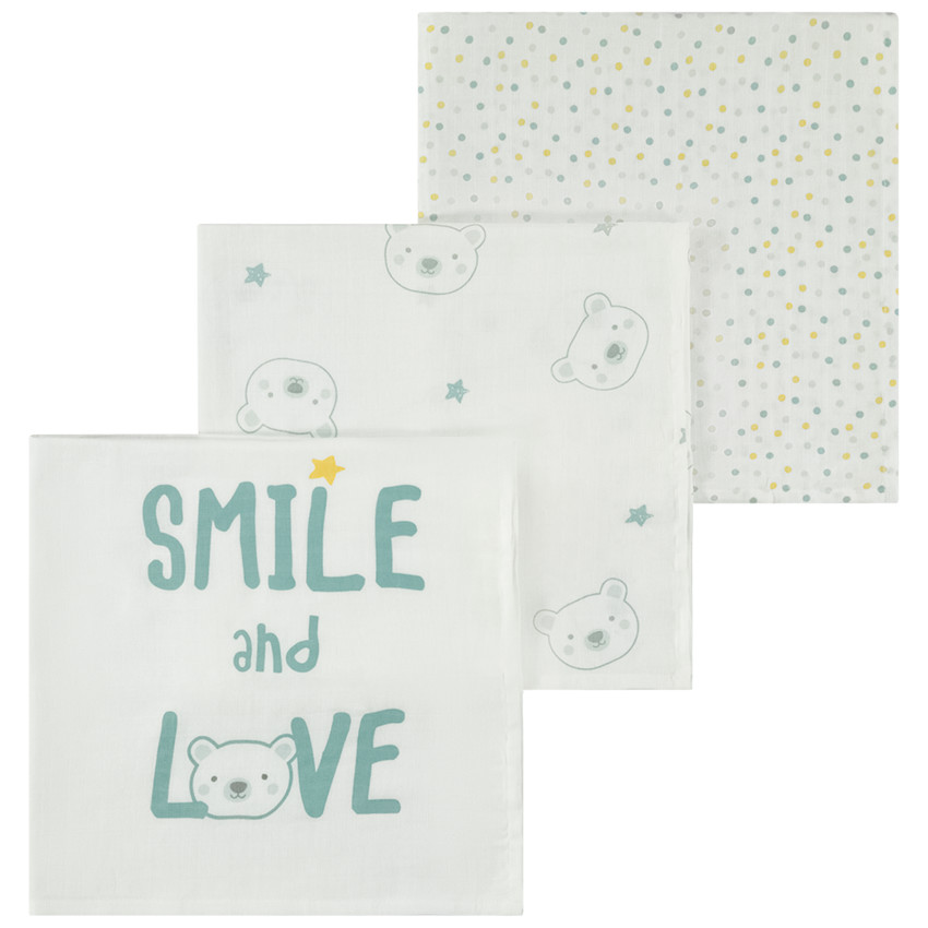 Lot de 3 langes en tétra imprimé étoiles et oursons pour bébé garçon 