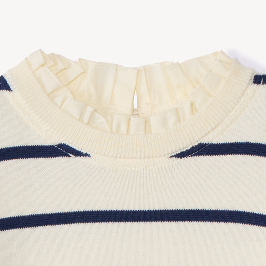 Pull en tricot à rayures et col popeline volantée pour fille  