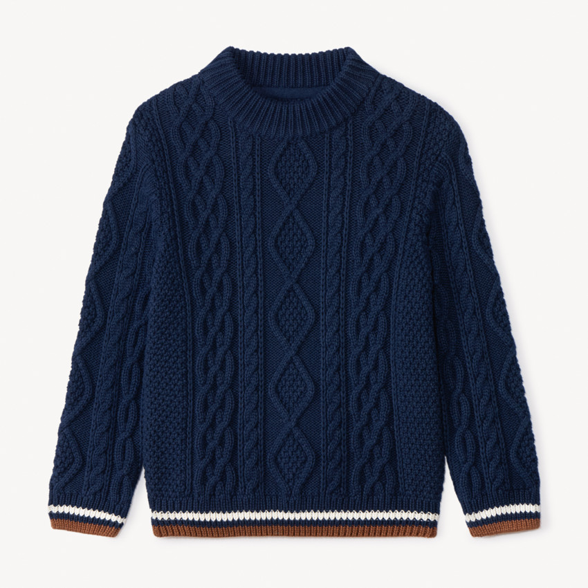 Pull en tricot uni effet torsadé avec liseré coloré pour garçon  