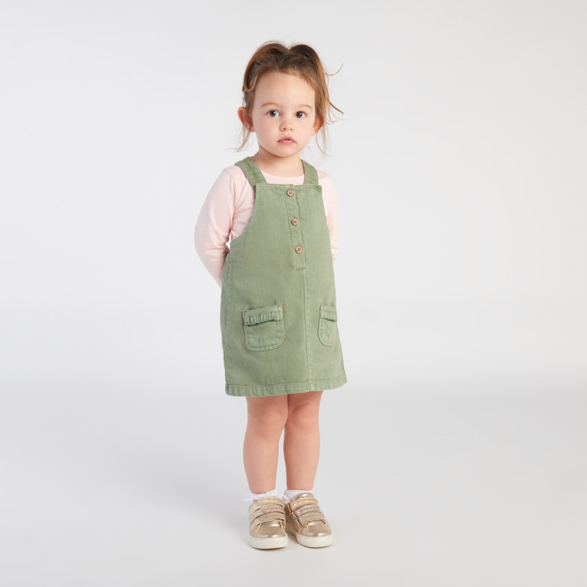 Robe salopette uni en denim kaki à poches pour bébé fille 