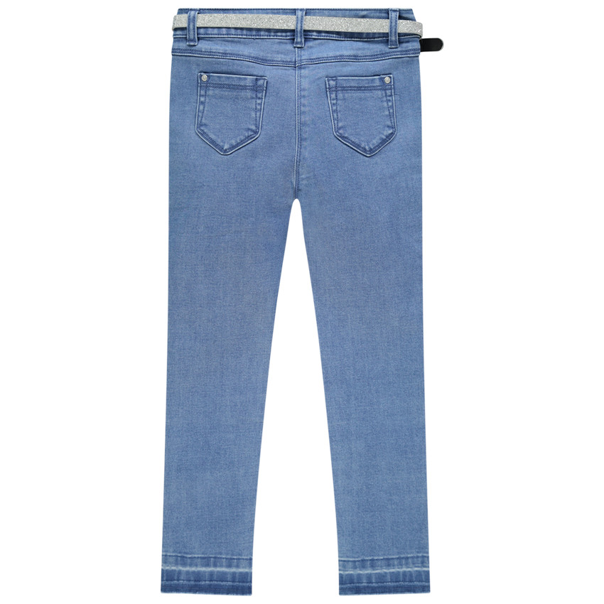 Jean effet used à ceinture pailletée argentée et badges Minnie Disney 