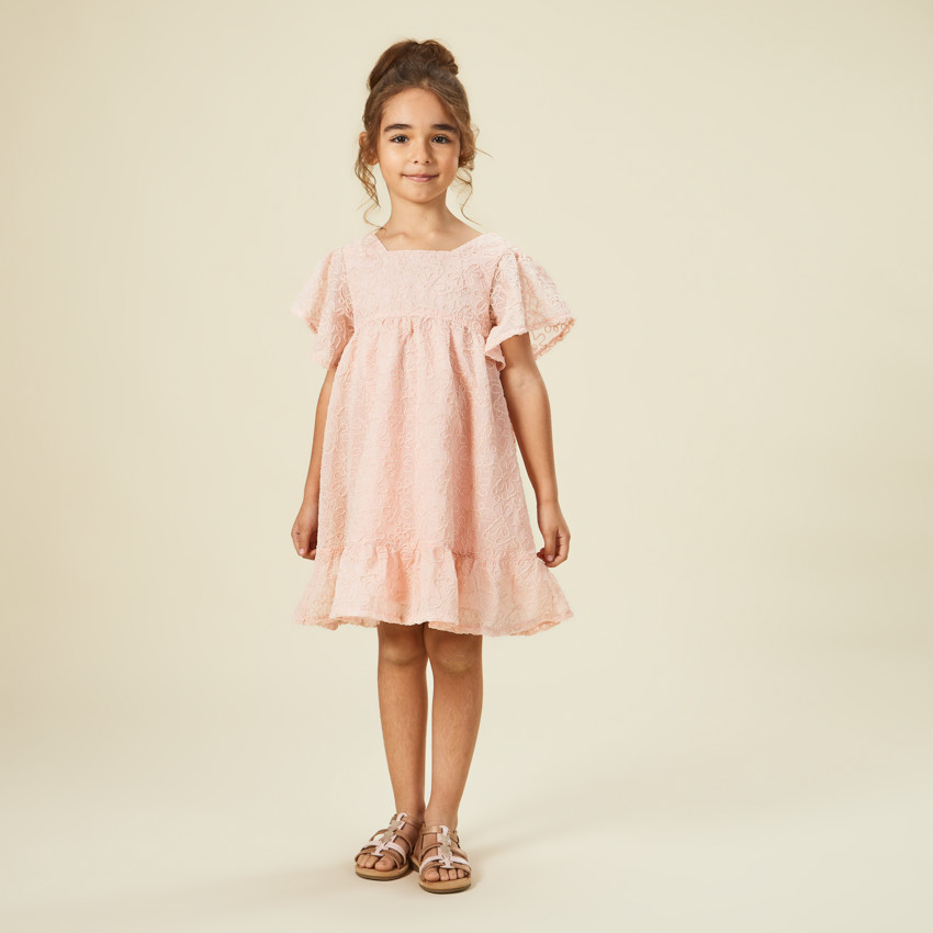 Robe manches courtes en crêpe et tulle avec motif floral en cording pour fille 