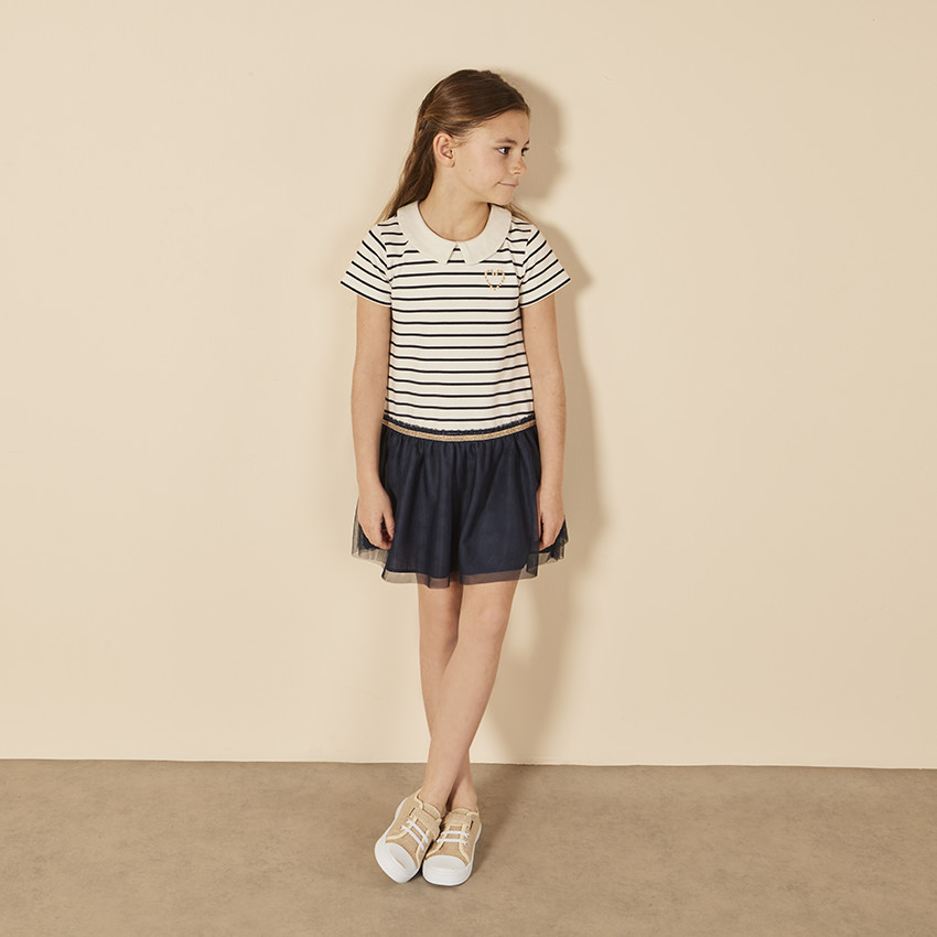 Robe manches courtes bi-matière effet 2 en 1 rayée pour fille 