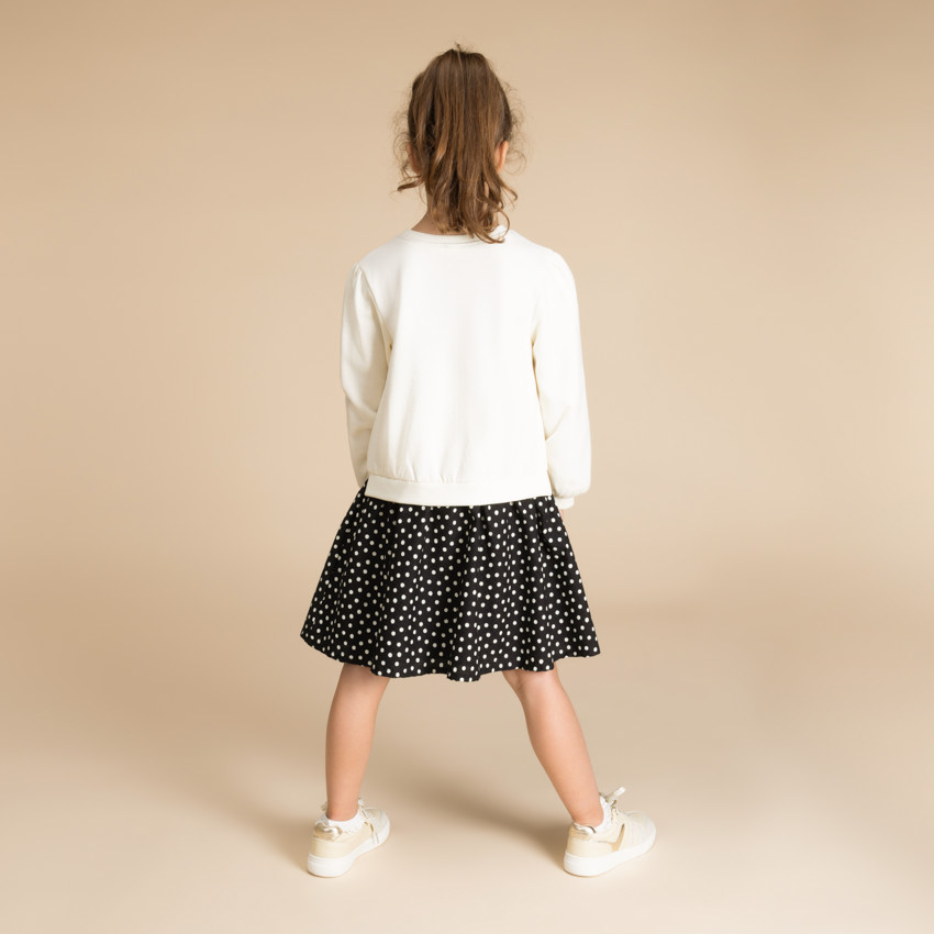 Robe manches longues bi-matière effet 2 en 1 à pois pour fille 