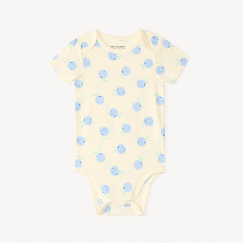 Set van 5 rompertjes met bosbessenmotieven voor babymeisjes, met verschillende openingen afhankelijk van de leeftijd. 