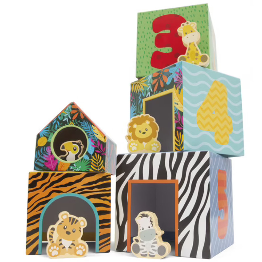 Opstabelbare kubussen in hout jungletinten 18m+ 5stks 