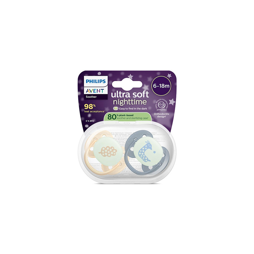 Pack de 2 tétines en silicone ultra souple nocturne 6-18M - Pêche/ Bleu 