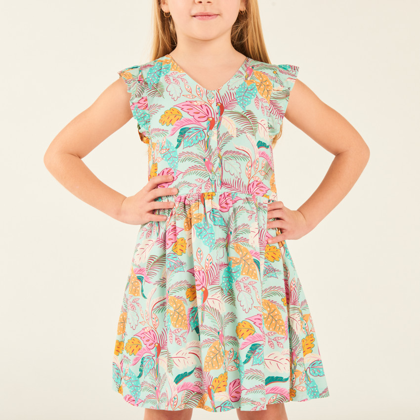 Robe manches volantées en voile imprimé tropical pour fille 