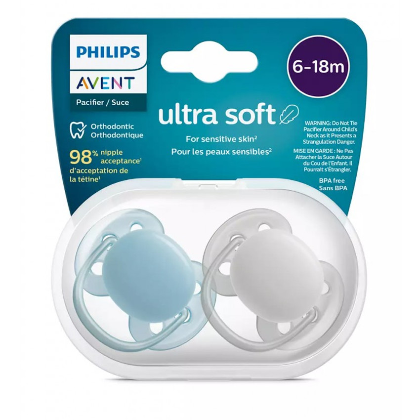 Lot de 2 sucettes silicone Ultra Soft 6-18M bleu et gris 