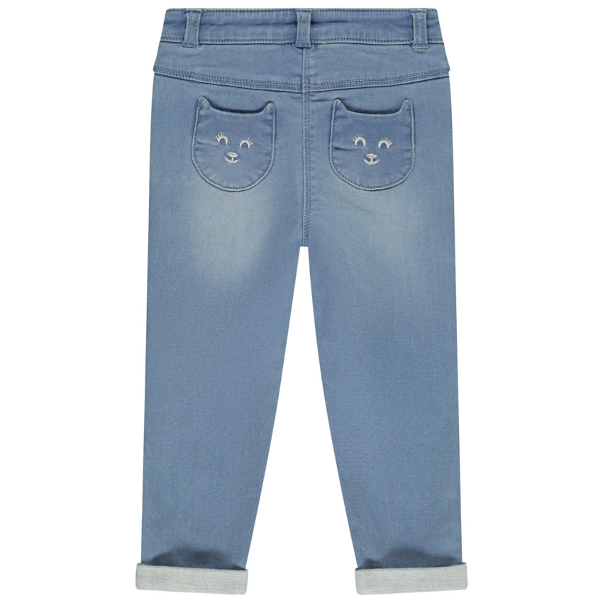 Jeans met een used effect en achterzakken in kattenvorm voor meisjes. 