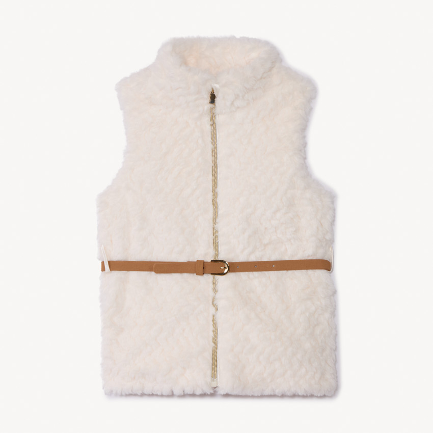 Veste sans manches en fausse foururre avec ceinture pour fille 