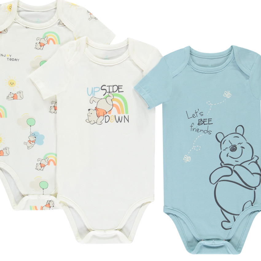 Lot de 3 bodies manches courtes Winnie l'Ourson Disney pour bébé garçon avec ouvertures différentes selon l'âge 