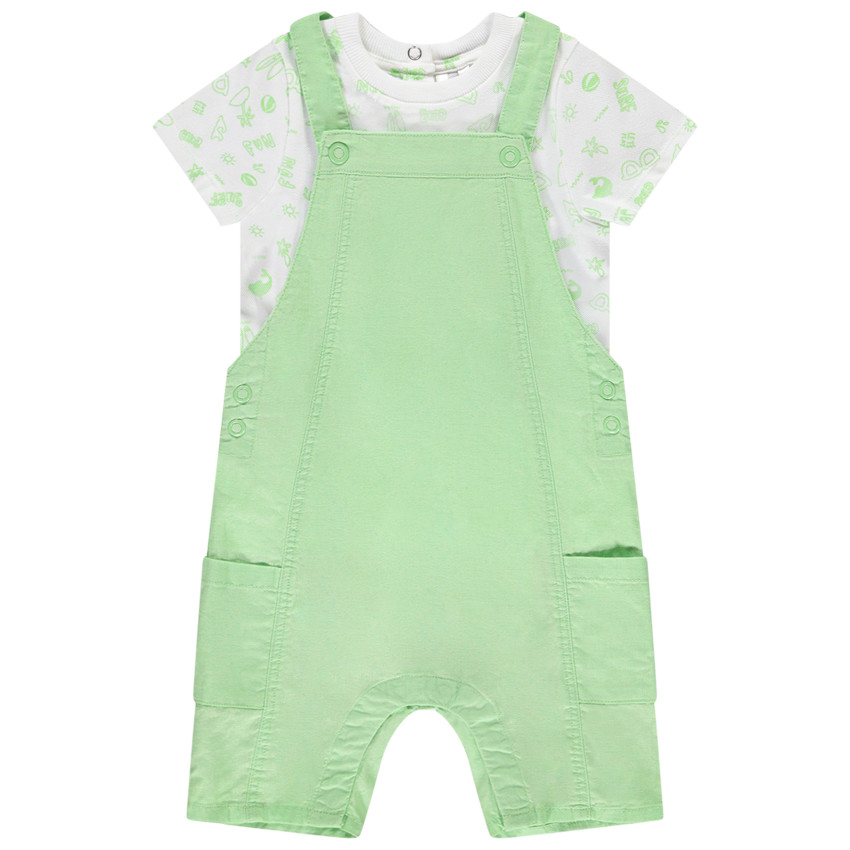 Set van salopette in effen groen met t-shirt met korte mouwen en fantasieprint voor babyjongens 