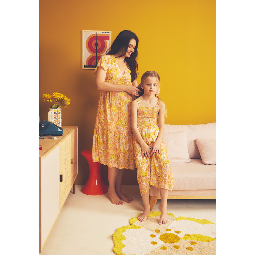 Robe manches courtes volantée imprimé rétro pour femme 