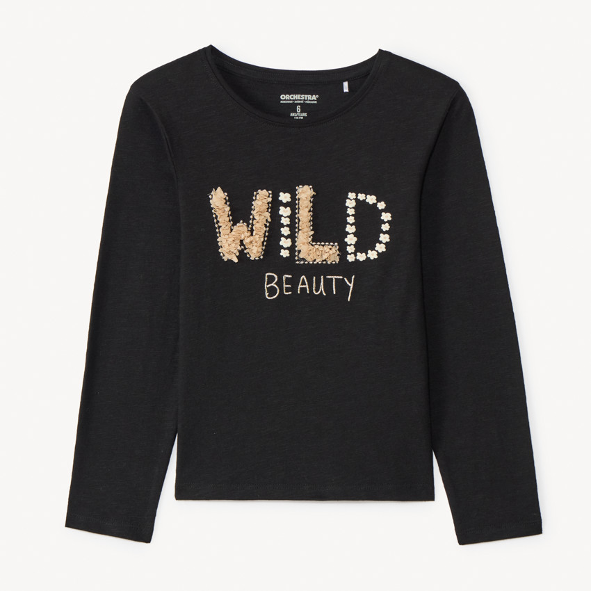 T-shirt manches longues uni noir fantaisie pour fille  