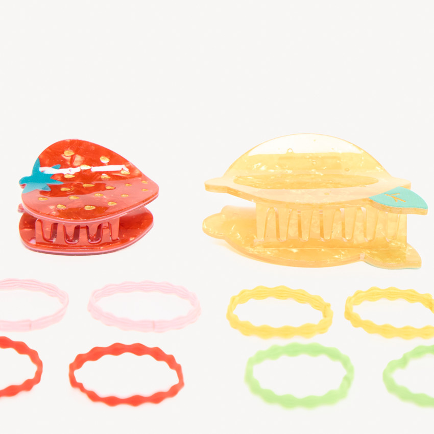 Lot de 2 pinces citron et fraise + 10 élastiques pour fille 