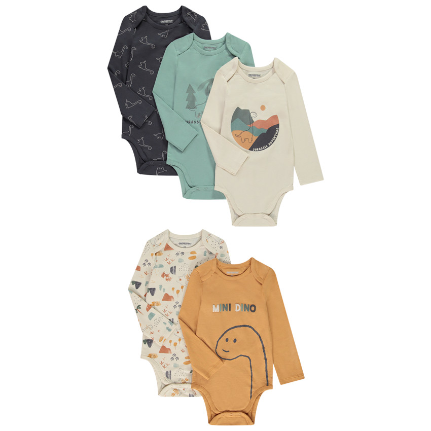 Lot de 5 bodies manches longues dinosaures pour bébé garçon avec ouvertures différentes selon l'âge 