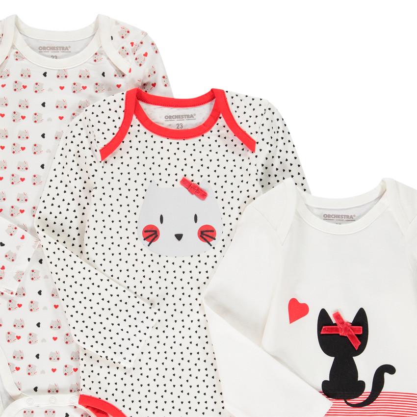 Set van 3 rompers met lange mouwen en poezenprint voor babymeisjes 