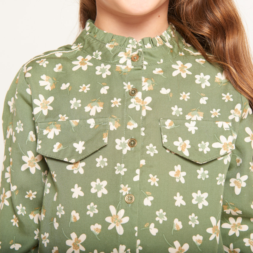 Kaki jurk met lange mouwen en bloemenprint voor meisjes 