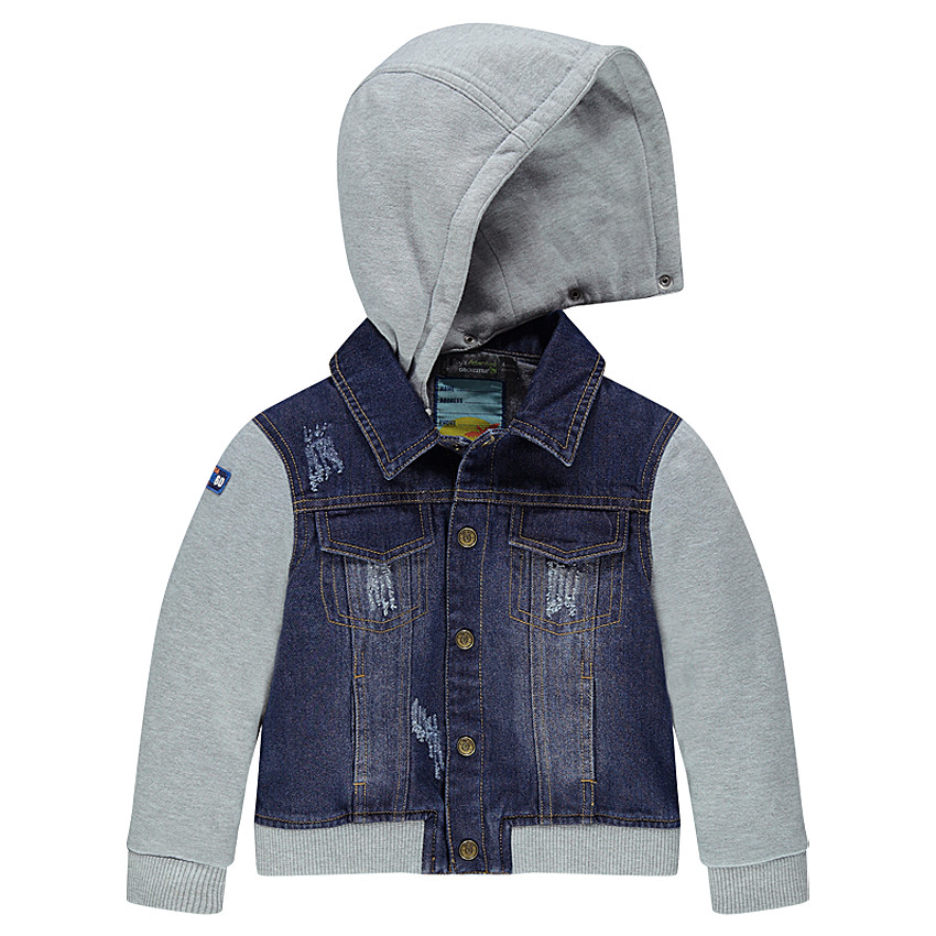 Jeansvest uit twee materialen met afneembare kap 