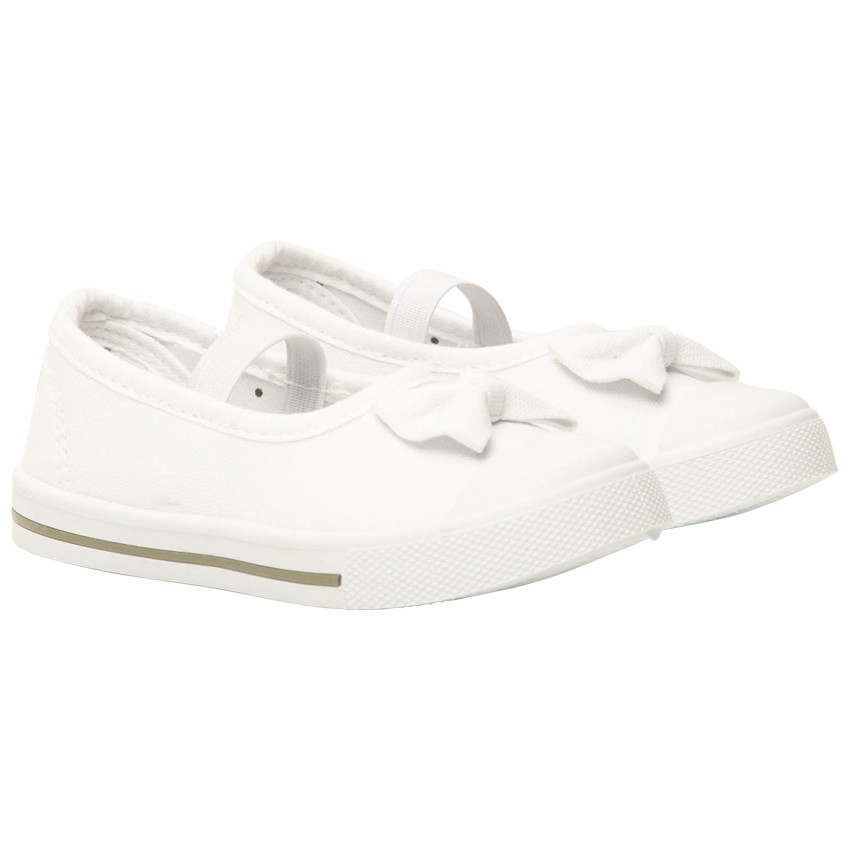 Witte babyschoentjes van stof met strik en elastische band voor meisjes 