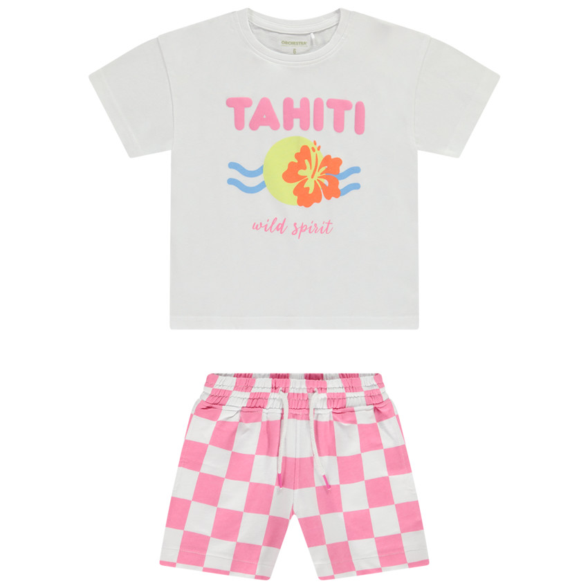 Ensemble t-shirt manches courtes fantaisie + short en damier pour fille 