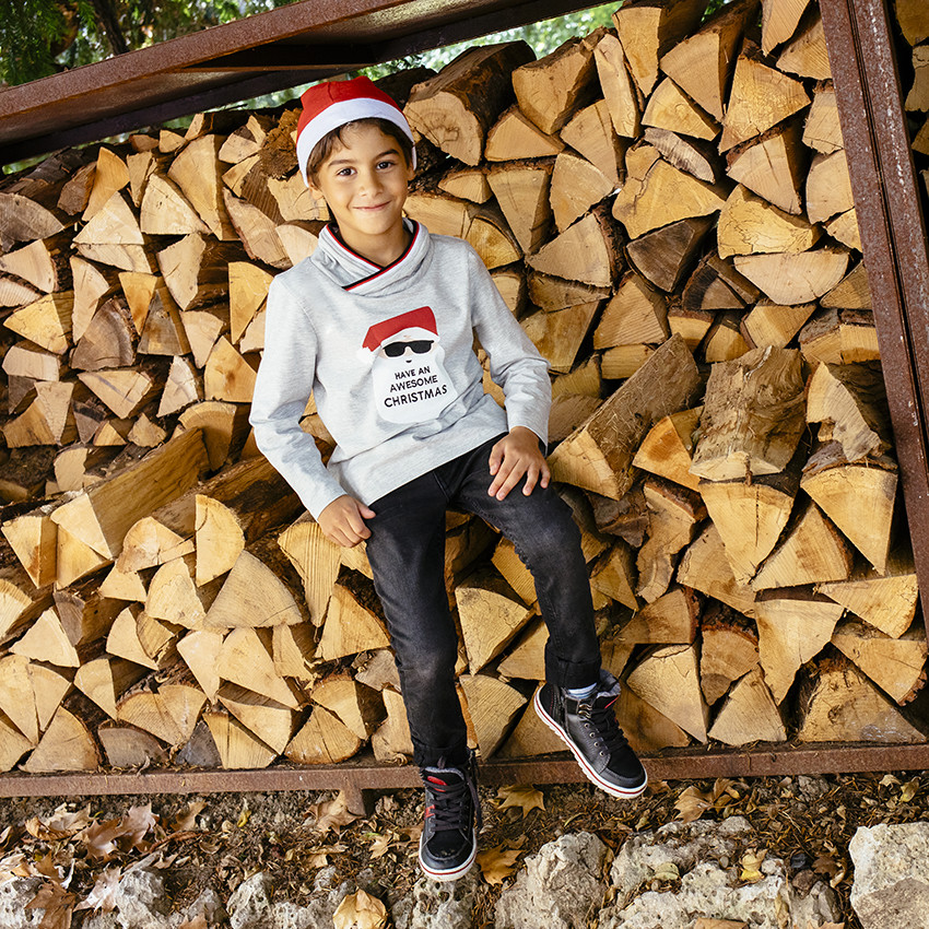 T-shirt manches longues print père Noël à col fantaisie 