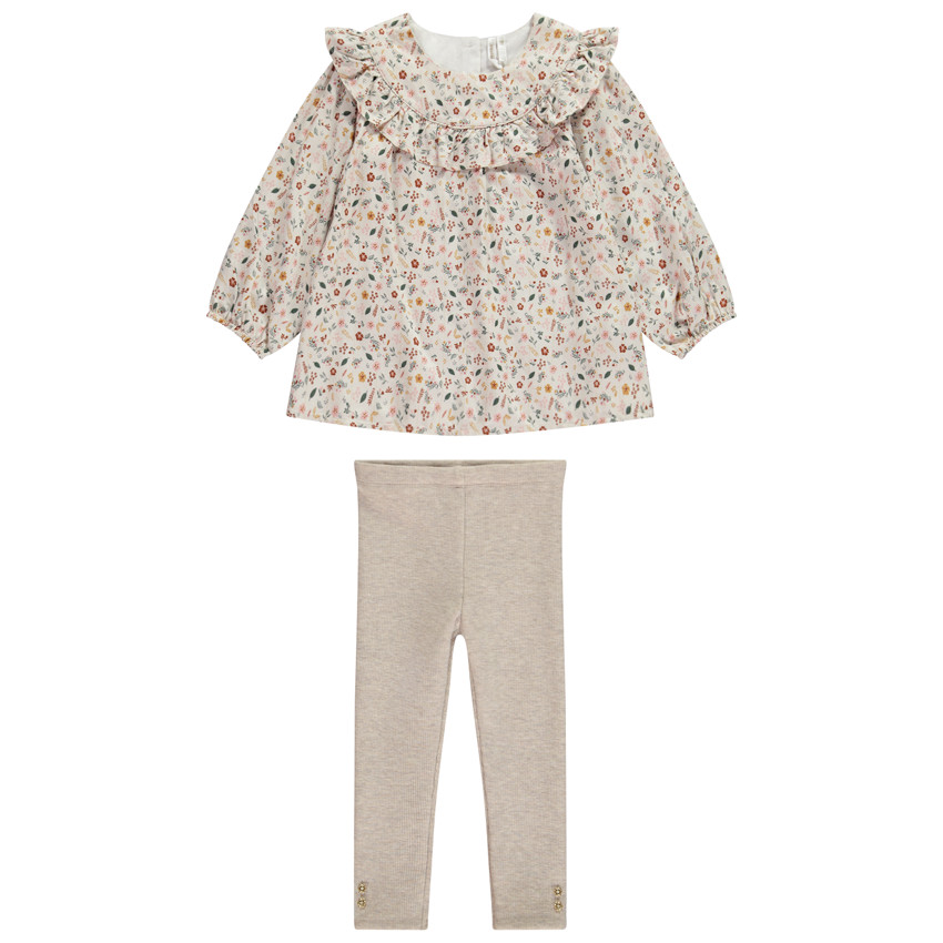 Ensemble tunique fleurie + caleçon uni beige pour bébé fille 