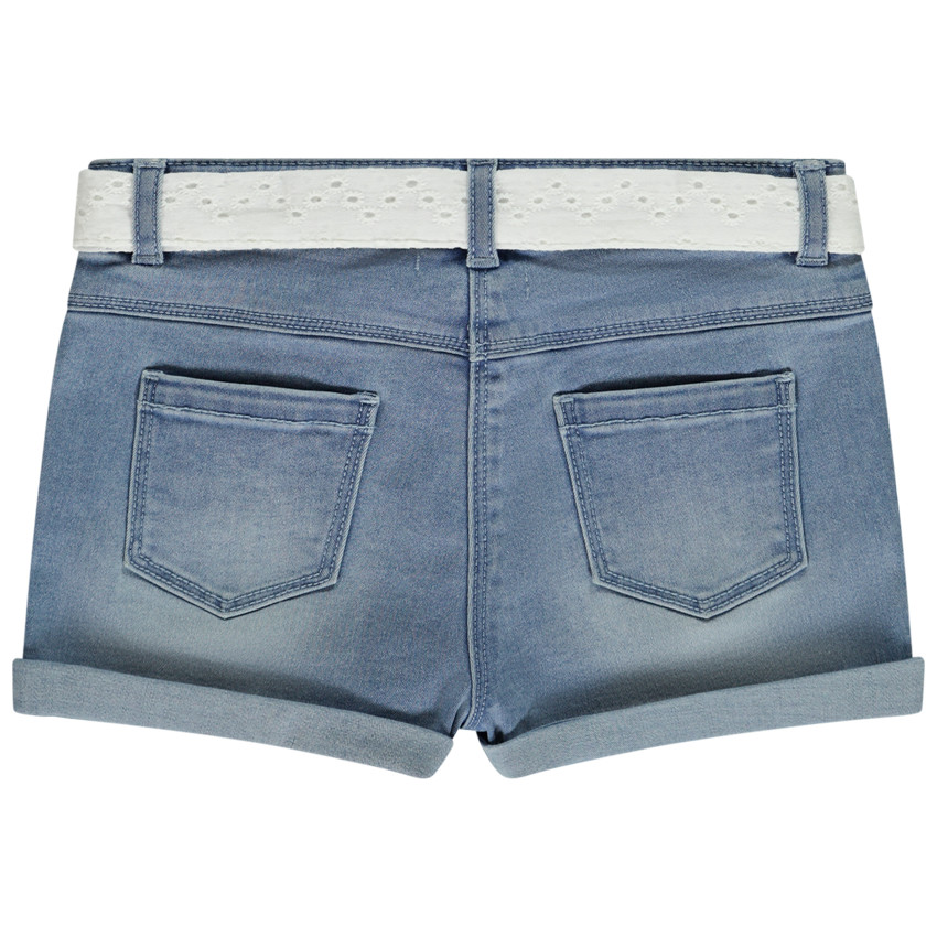 Short in jeans met ceintuur in Engels borduursel voor meisjes 