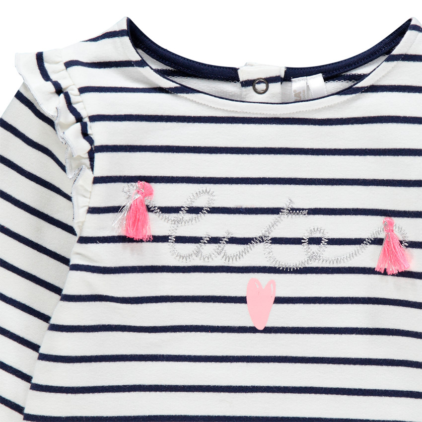 Marinière à volants et texte brodé à pompons 