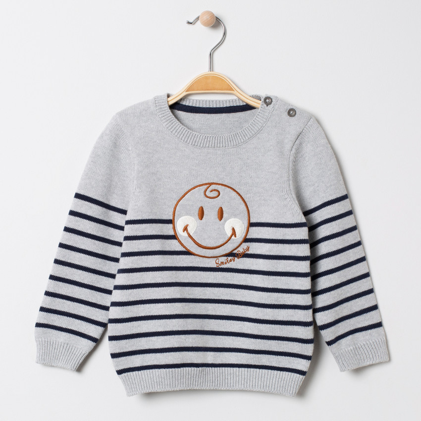 Trui in gestreept tricot met geborduurde Smiley Baby voor babyjongens. 
