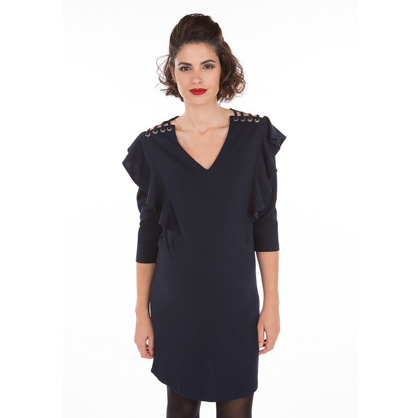 Zwangerschapsjurk met driekwartmouwen, volants en ogen aan de schouders 