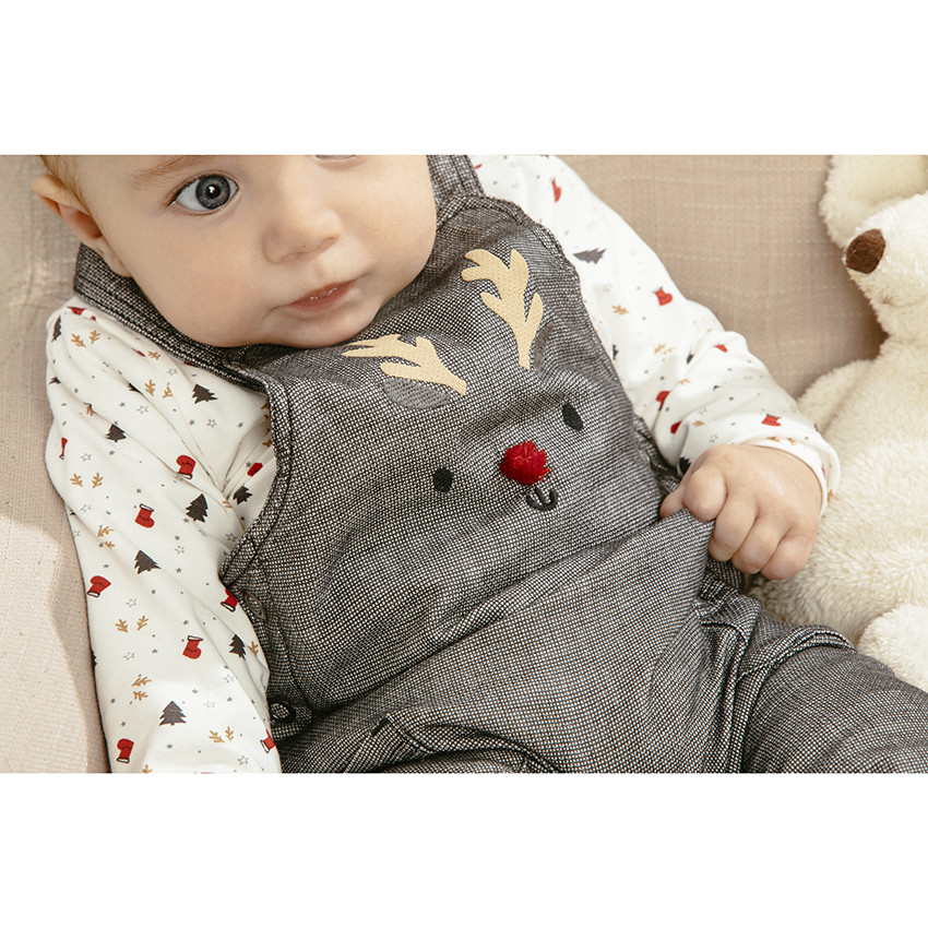 Lange gevoerde salopette met patroon van elanden in de geest van Kerstmis 