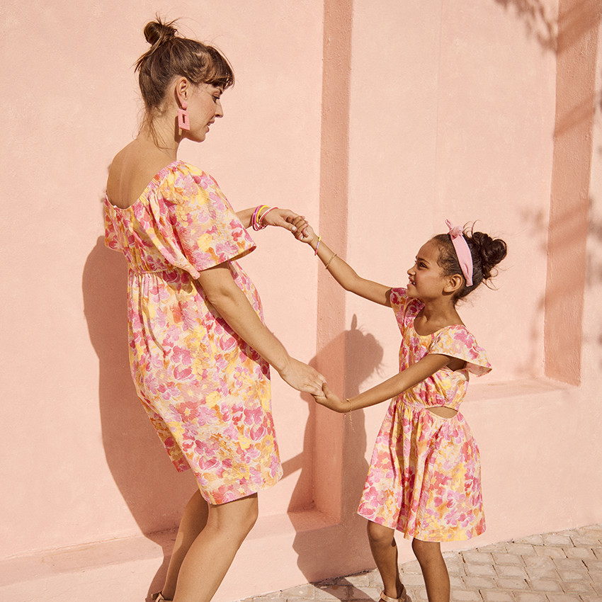 Korte mouwen jurk in seersucker met bloemenprint voor meisjes 