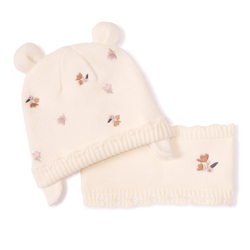 Set bonnet + snood avec fleurs brodées pour bébé fille  