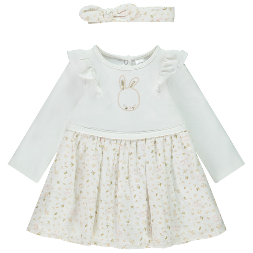 Ensemble 2 pièces robe effet 2 en 1 Lapin + bandeau pour bébé fille 