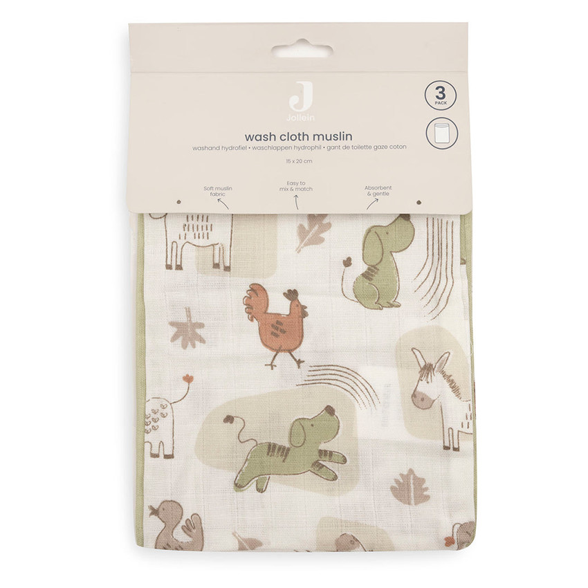 Gant de toilette gaze de coton 15x20cm Barn Buddies 3pcs 