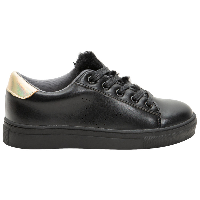 Lage sneakers met ledereffect en goudkleurige inzetstukken met achterzijde van sherpa 