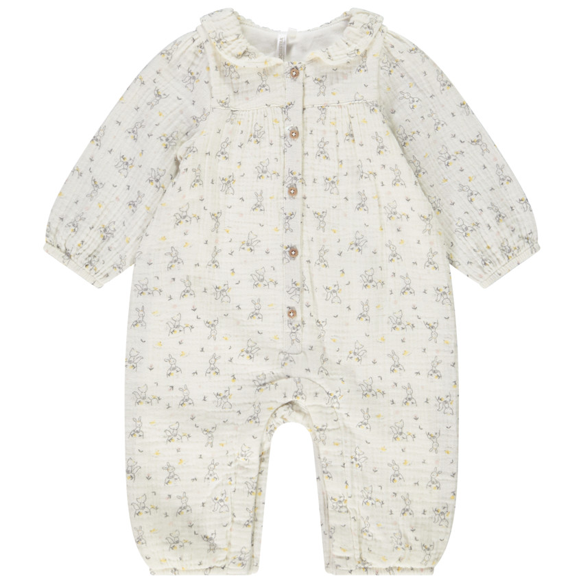 Combinaison longue en double gaze de coton avec col claudine et imprimé lapins/renards pour bébé fille 