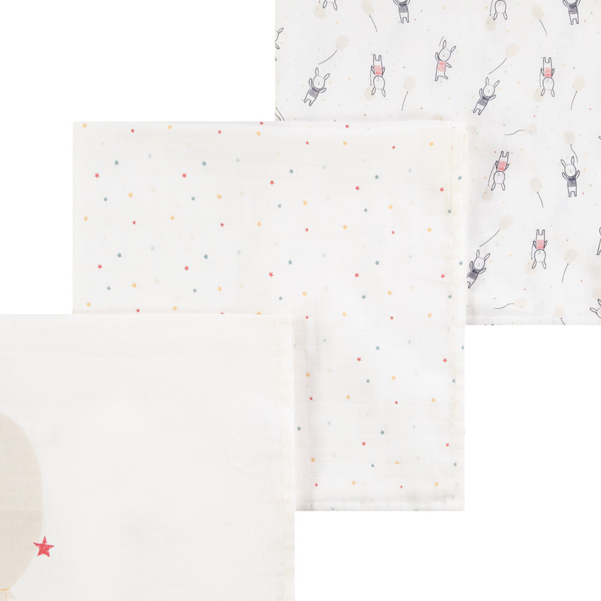 Lot de 3 langes en tétra imprimé lapins et étoiles pour bébé 