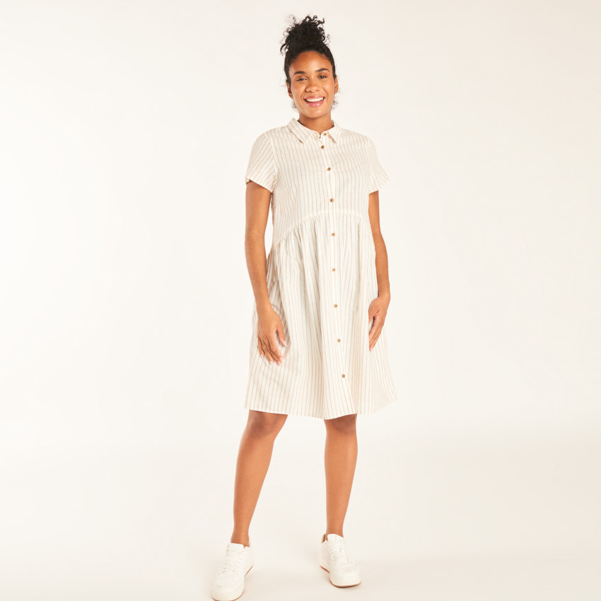Robe chemise manches courtes en toile à rayures pour femme enceinte 