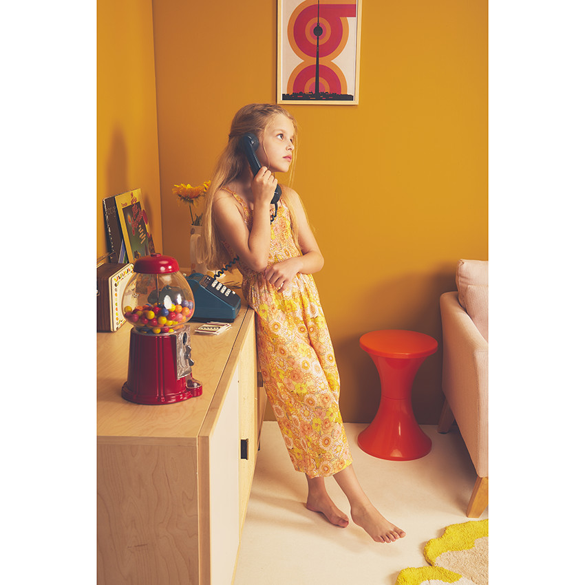 Combinaison longue à smocks imprimé fleurs retro pour fille 