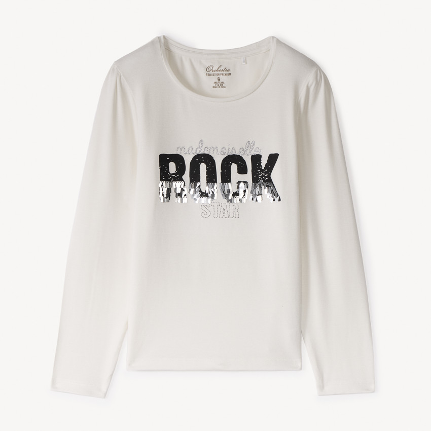 T-shirt met lange mouwen en rockprint met pailletten voor meisjes 
