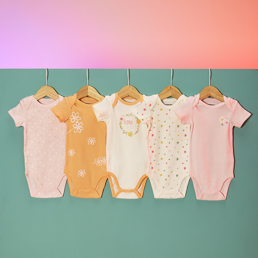 Lot de 5 bodies en côte fantaisie pour bébé fille 